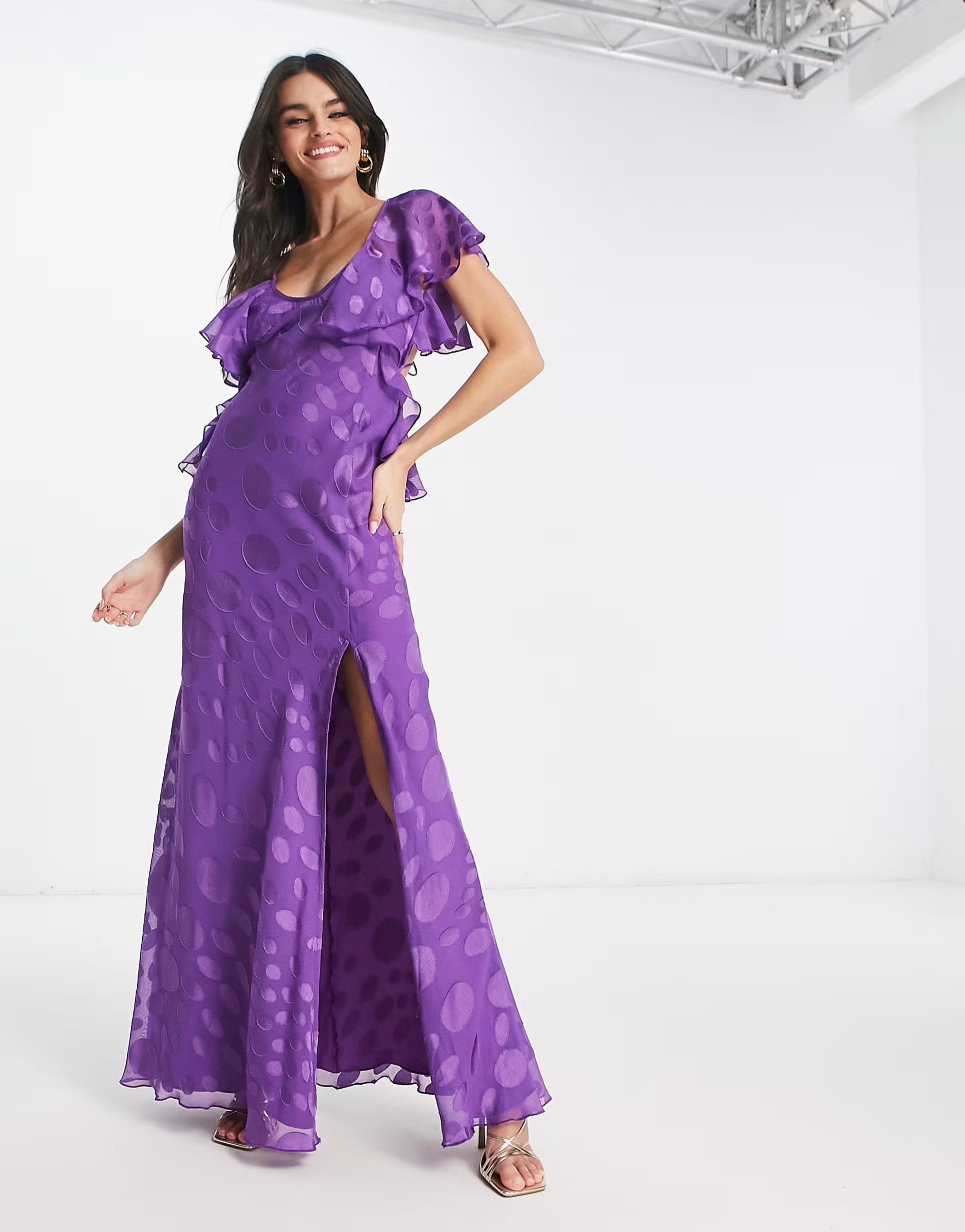 ASOS DESIGN satin spot flutter sleeve maxi dress with open back in purple | ASOS (Global)