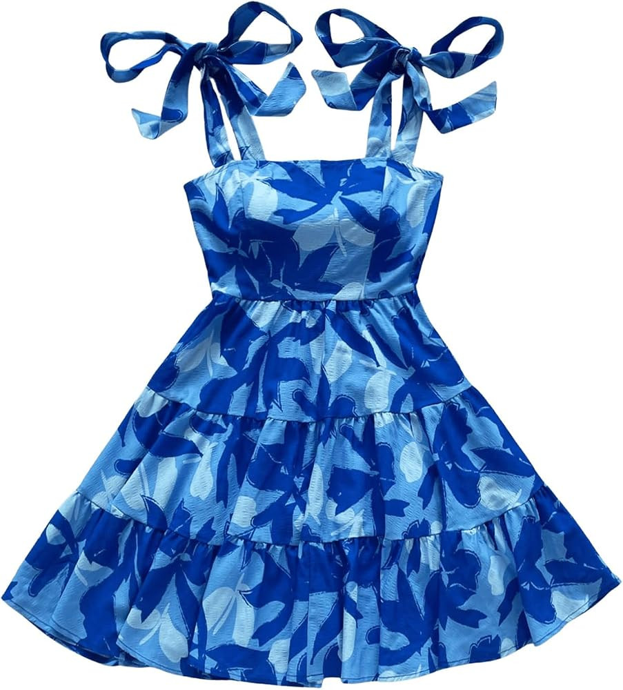 Floerns Women's Plus Size Tropical Print Tie Shoulder Cami Dress Ruffle Swing Shift Dress | Amazon (US)