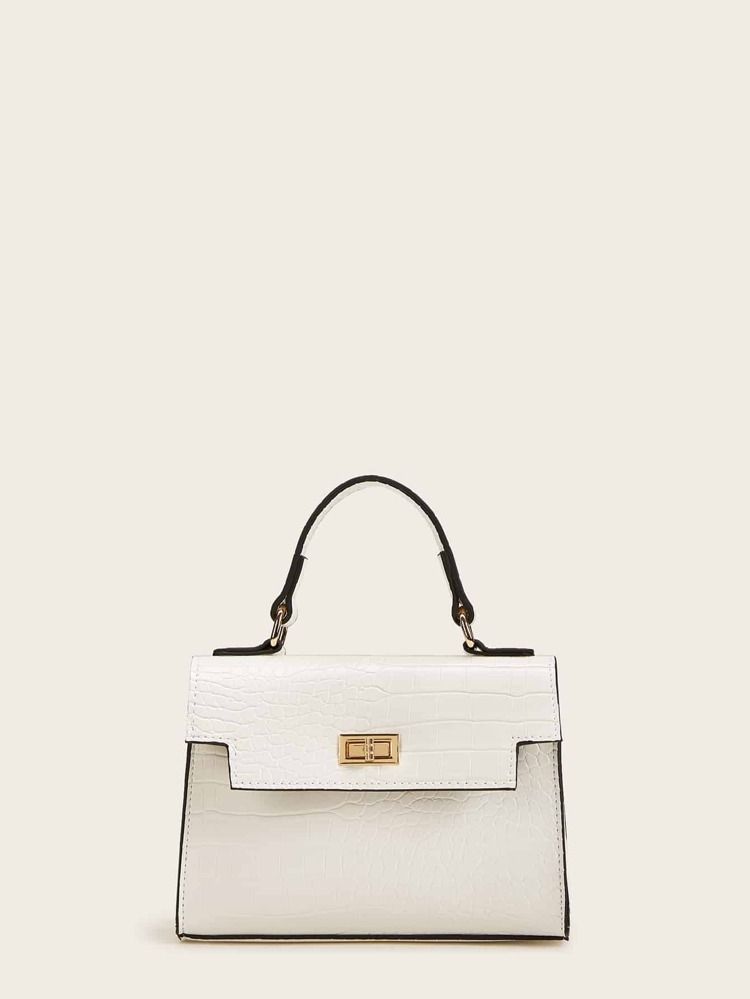 Twist Lock Croc Embossed Satchel Bag | SHEIN