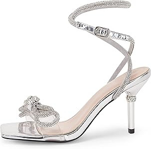 Womens Rhinestone Bow Heels Sandals Strappy Lace Up Stiletto Satin Pumps Wedding Dress Shoes | Amazon (US)