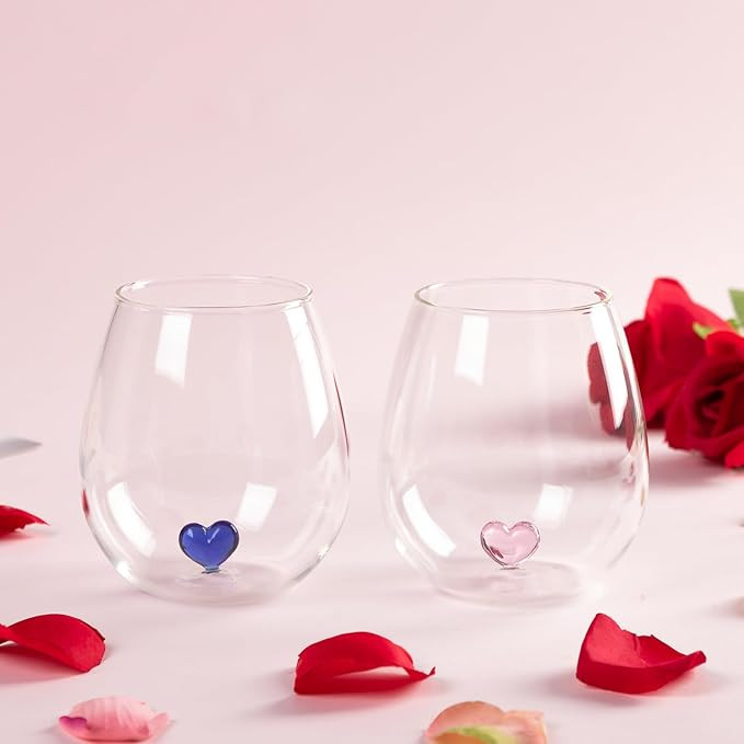 Stemless Wine Glass with Heart Inside, 16 OZ Unique Wine Glasses with 3D Heart Marker, Wedding Va... | Amazon (US)