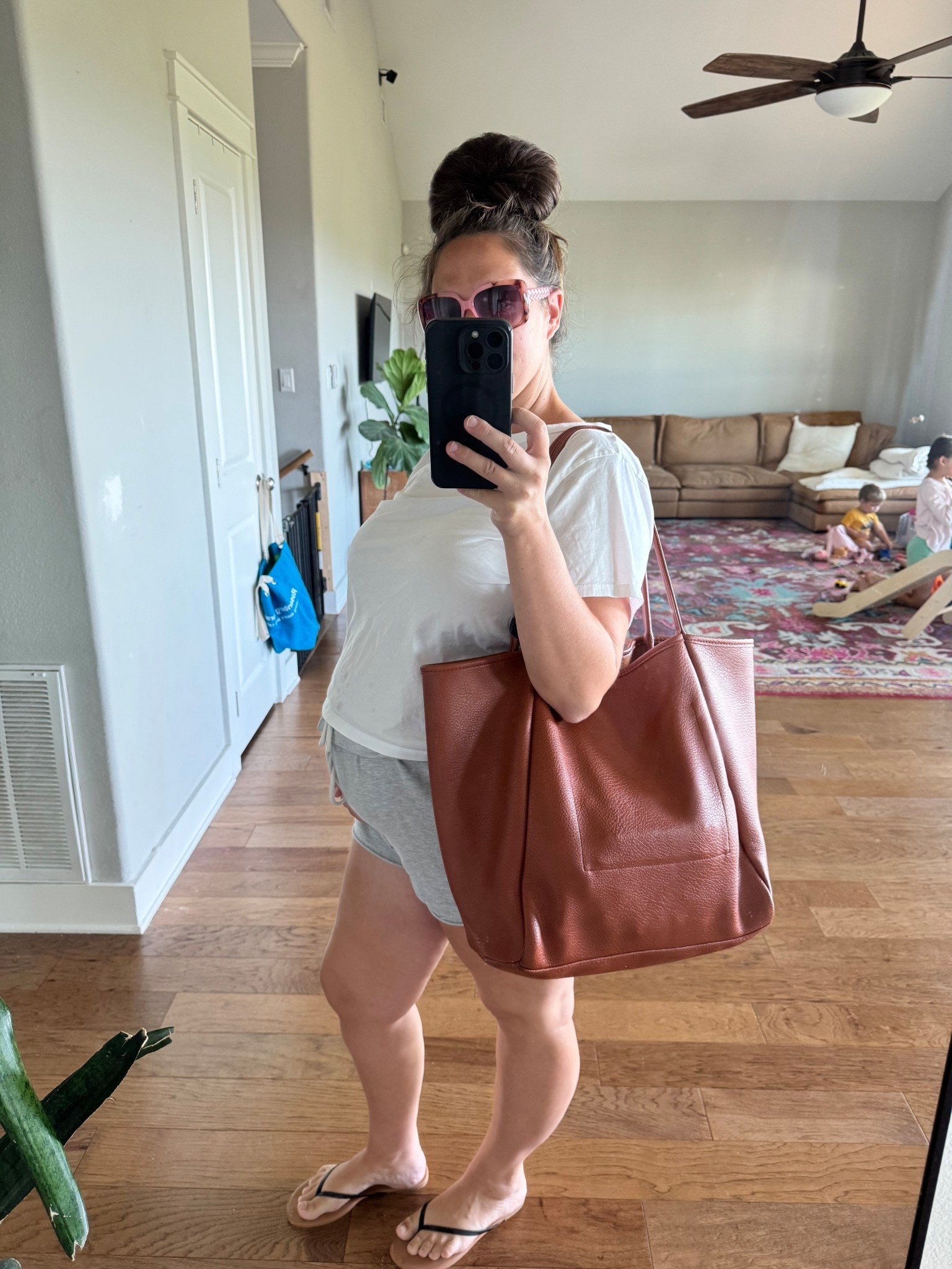 Today’s bump friendly outfit for running errands! 

I’m 5’2”, 27 weeks pregnant, 195lbs, 36G, and wearing an XL in the top and bottom. 

#LTKMidsize #LTKBump #LTKActive