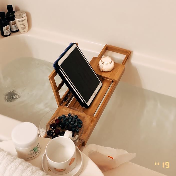 Premium Bamboo Bathtub Tray Caddy - Wood Bath Tray Expandable with Book and Wine Holder - Gift Id... | Amazon (US)