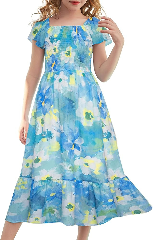 GRACE KARIN Girls Flutter Sleeve Floral Dresses Girl Long Midi Spring Dress Kids Smocked Flare Su... | Amazon (US)