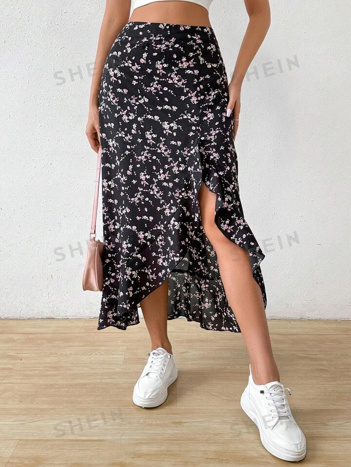 SHEIN Frenchy Ditsy Floral Ruffle Hem Irregular Hemline Elegant Casual Skirt | SHEIN