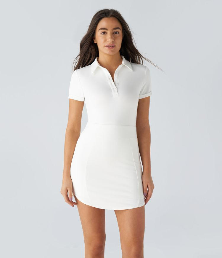 Women’s Collared Button Short Sleeve Curved Hem 2-Piece Side Pocket Bodycon Mini Golf Active Dr... | HALARA