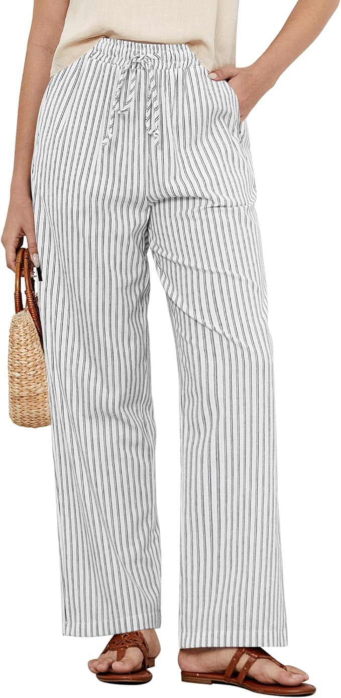GRAPENT Striped Pants for Women High Waisted Wide Leg Cotton Linen Trendy Beach Pull on Elastic W... | Amazon (US)
