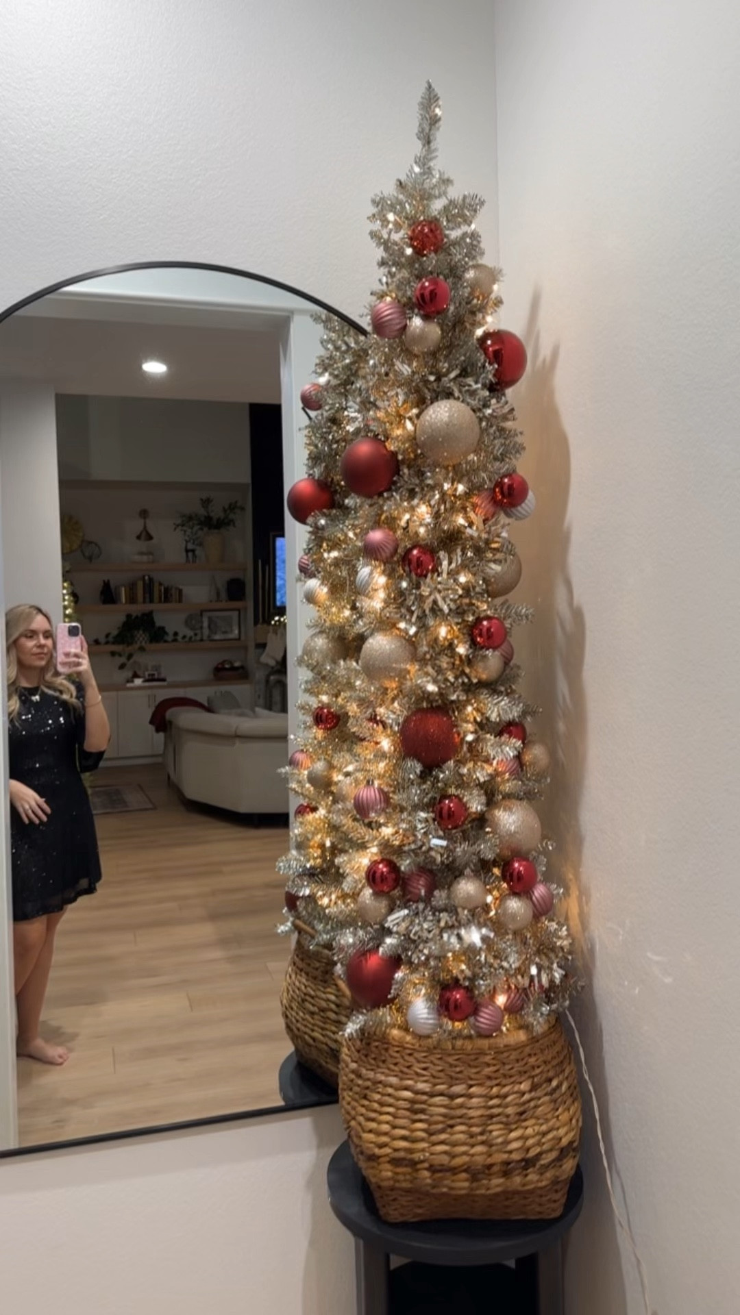 $30 pencil tree! Had mine many years. I have silver and added some champagne garland and mauve and burgundy ornaments. So cute for a glow in this tiny corner. 

#LTKWatchNow #LTKHoliday #LTKHome