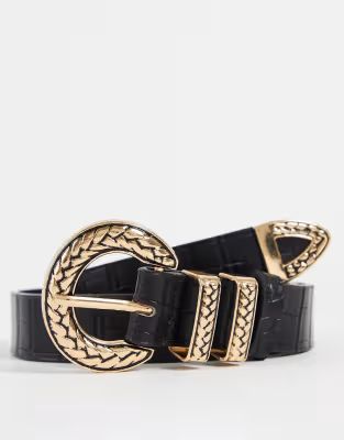 My Accessories London belt in black with statement gold vintage hardware buckle | ASOS (Global)