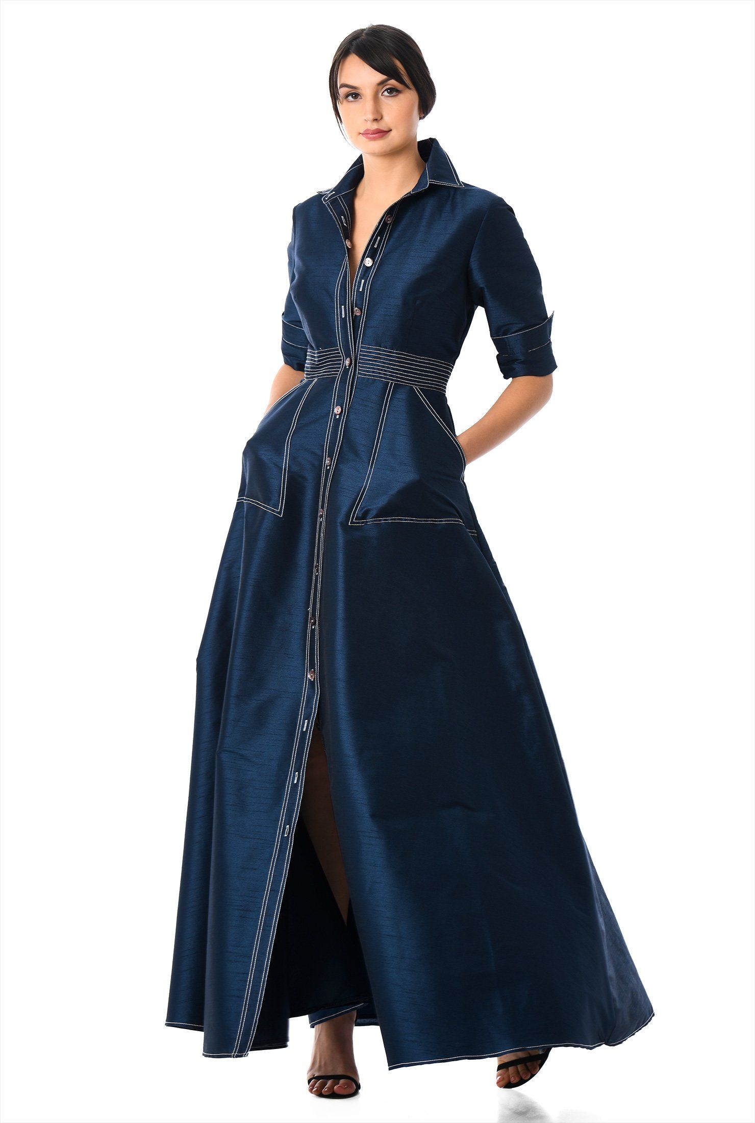 Trapunto waist dupioni maxi shirtdress | eShakti