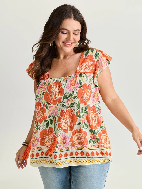Vibrant Floral Print Flutter Sleeve Blouse | Bloomchic