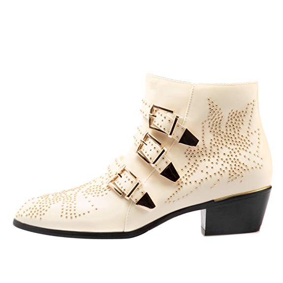 Comfity Boots for Women,Women's Leather Boot Rivets Studded Shoes Metal Buckle Low Heels Ankle St... | Amazon (US)