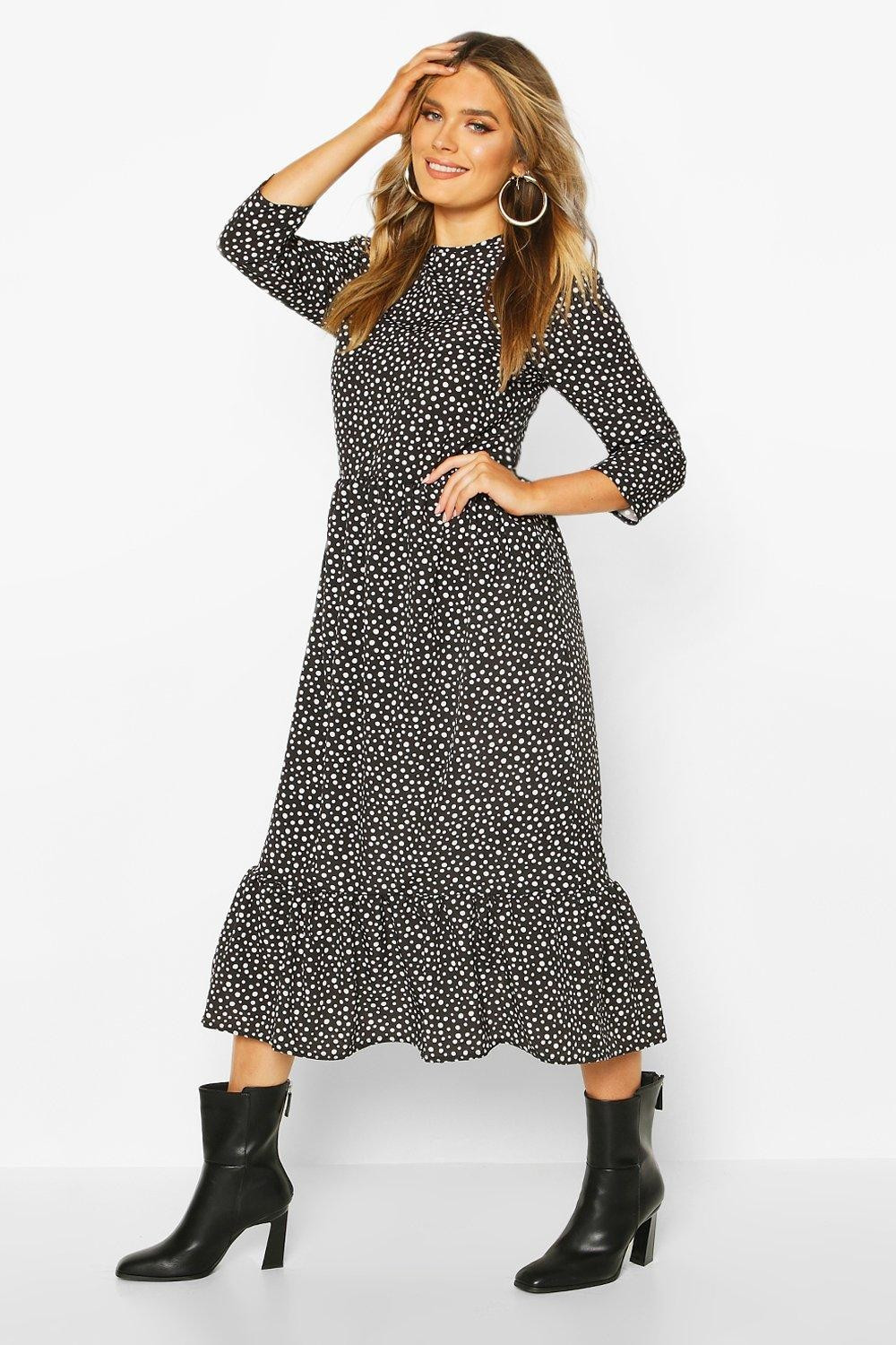 Womens Woven Mixed Spot Dress - Black - 10 | Boohoo.com (US & CA)