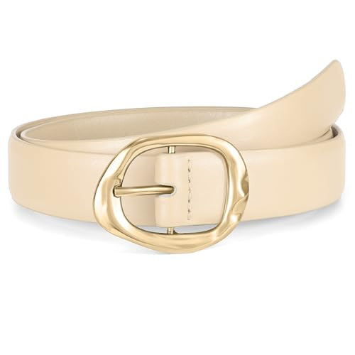 WHIPPY Leather Belt for Women Casual Waist Belt with Gold Buckle Fashion Ladies Belt for Jeans Pants Dress,Beige,S | Amazon (US)