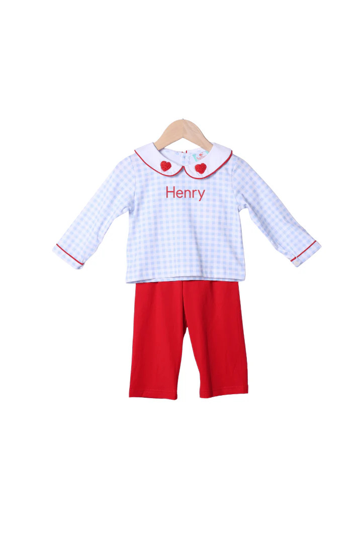 French Knot Heart Blue Gingham and Red Pant Set | The Smocked Flamingo