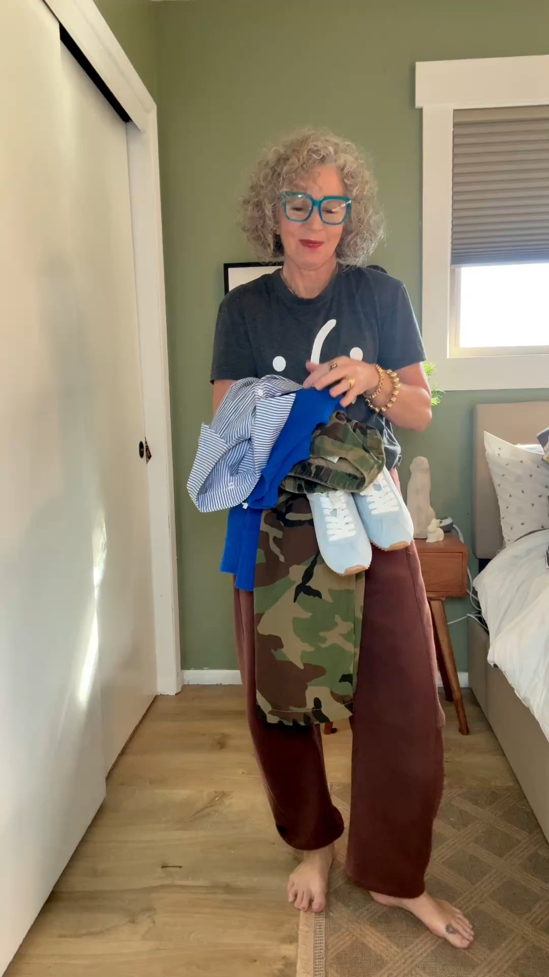 I’m in a small culottes 
Tts sneakers
Medium sweater for an oversized look