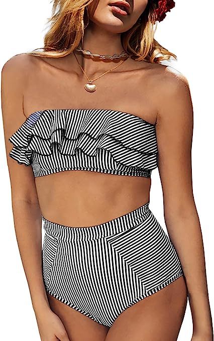 Tutorutor Womens 2 Pieces Flounce Bandeau Bikini Swimsuits Ruffle Strapless Striped Off Shoulder ... | Amazon (US)