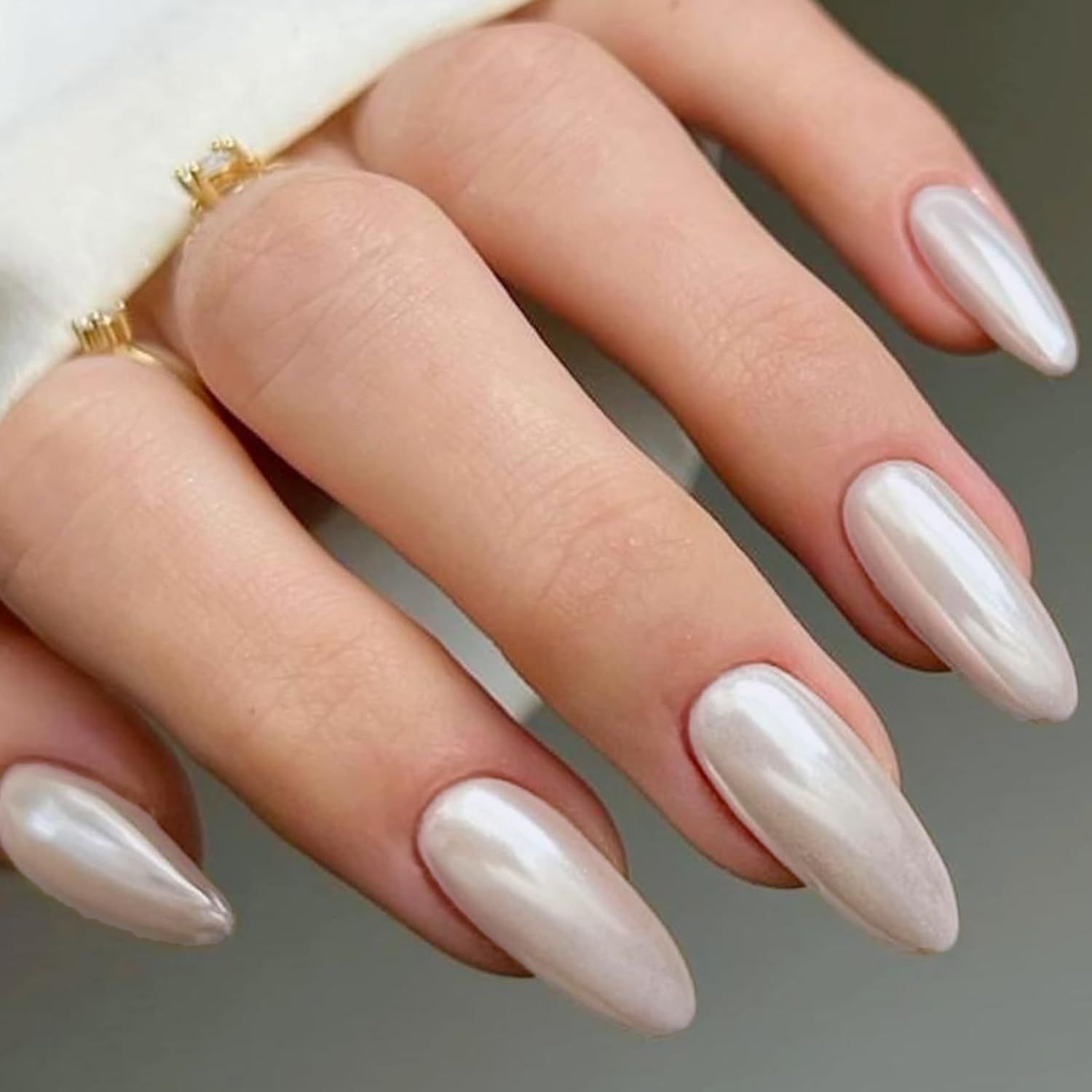 Chrome Press On Nails Short Almond - Nude GLAMERMAID Soft Gel Glue on Nails Medium, White Glitter... | Amazon (US)