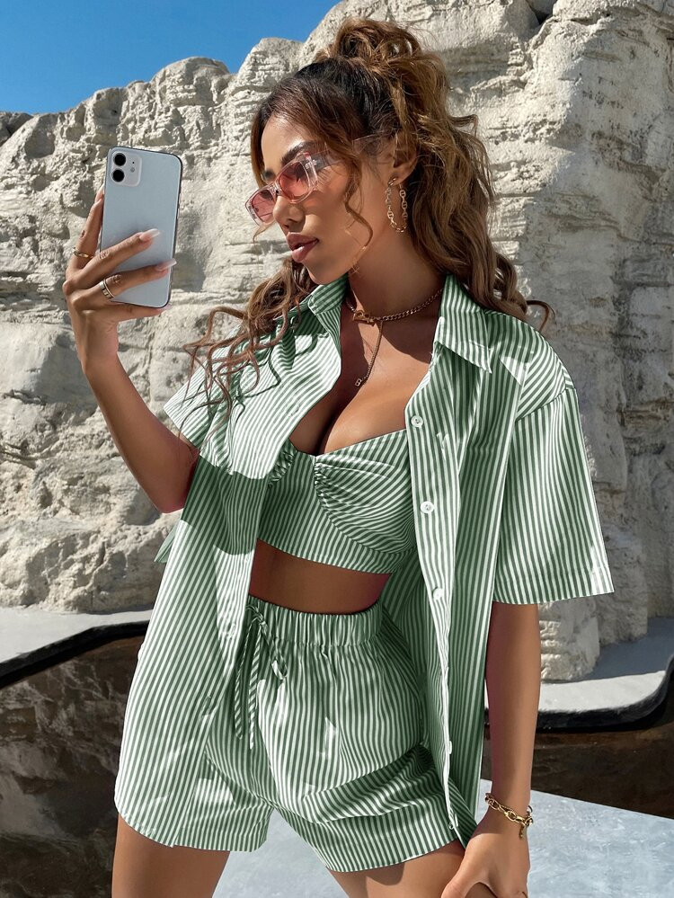 3pcs Striped Print Cami Top & Knot Front Shorts With Blouse | SHEIN