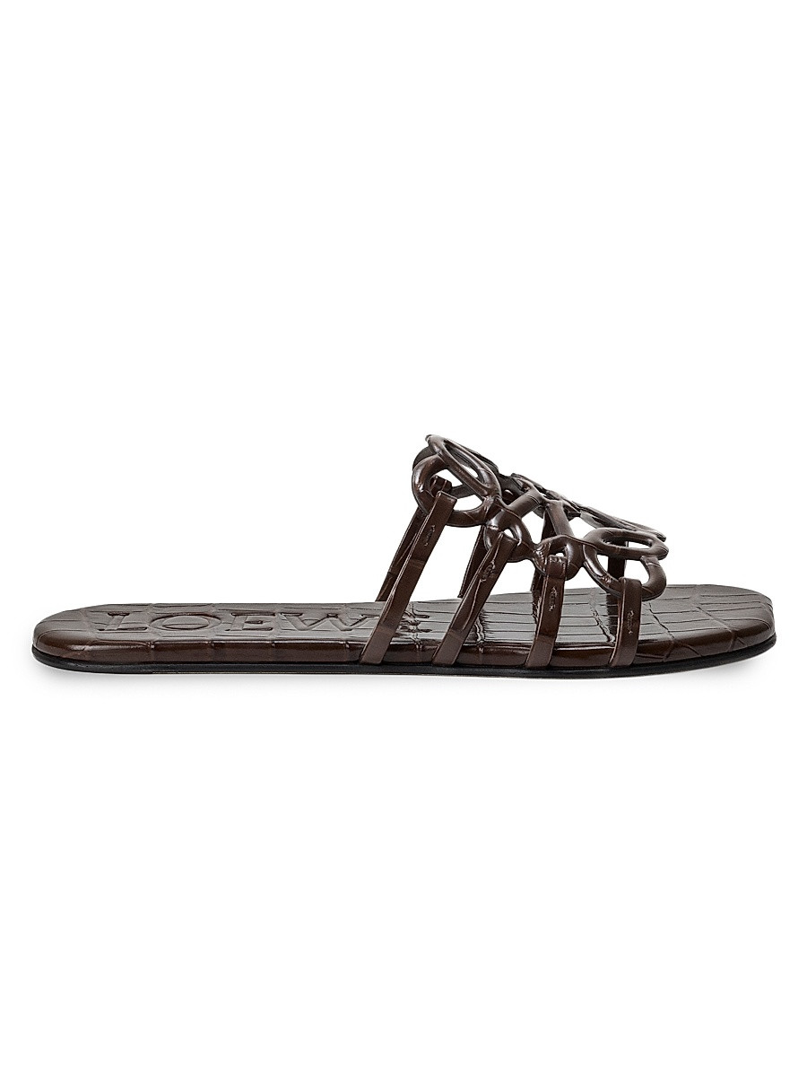 Women's Petal Anagram Croc-Embossed Leather Slides - Dark Brown - Size 9 Sandals | Saks Fifth Avenue