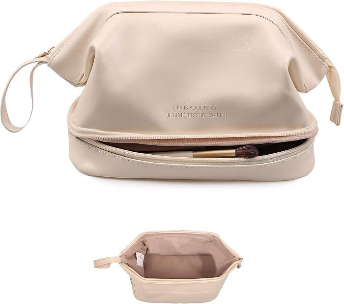 Large Capacity Makeup Bag Ladies Cosmetic Bag Travel Bag with Compartments Portable PU Leather Tr... | Amazon (US)