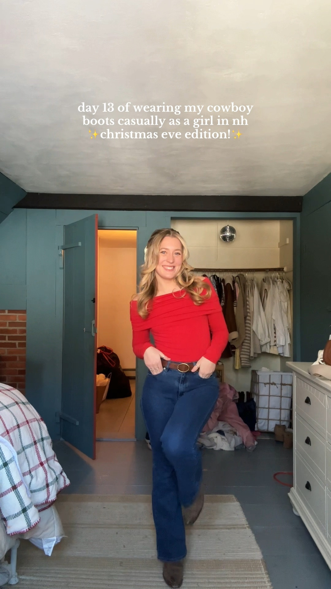 christmas eve cowboy boots outfit red off the shoulder long sleevee