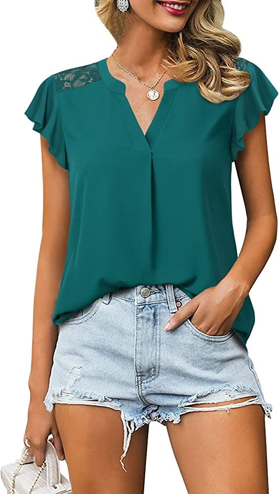 Gaharu Women's Notch V Neck Short Sleeve Chiffon Shirts Casual Lace Blouse Top | Amazon (US)