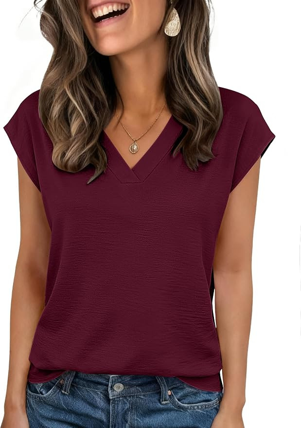 Zeagoo Womens Tops Cap Short Sleeve Textured Blouse V Neck Summer Shirts | Amazon (US)