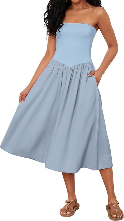 Livtany Women Off Shoulder Midi Dress Strapless Sleeveless Drop-Waist A Line Tube Dress Trendy Su... | Amazon (US)