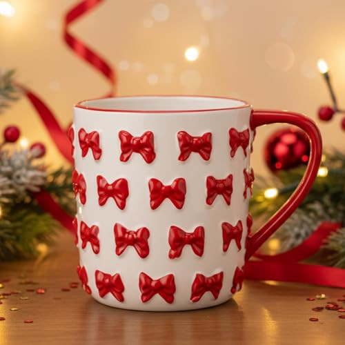Vesici Christmas Mugs Red Ceramic Cute Bow Coffee Mug with Handle 14 oz Festive Drinkware for Coffee, Tea, Hot and Cold Beverages Xmas Stocking Stuffer Gift Ideas for Women | Amazon (US)