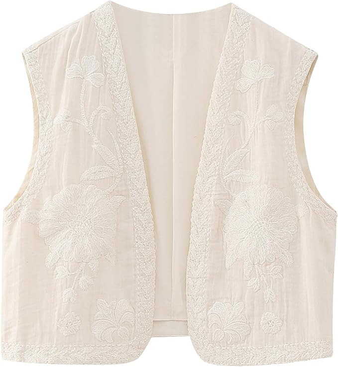 hathne Women's Floral Embroidered Vest Boho Vintage Sleeveless Open Front Cardigan Shirt Vests Wa... | Amazon (US)
