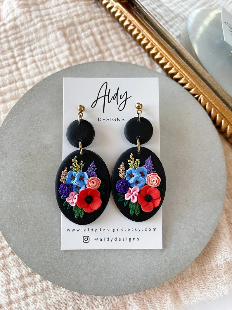 Floral Bouquet Clay Earrings Wedding Bouquet Clay Dangle - Etsy | Etsy (US)