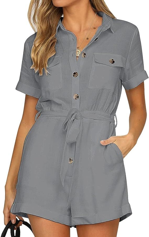 GRAPENT Women's Summer Short Sleeve Button Down Pockets Belted Jumpsuits Rompers | Amazon (US)