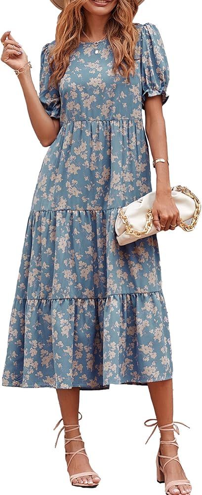 PRETTYGARDEN Women's Summer Casual Boho Dress Floral Print Ruffle Puff Sleeve High Waist Midi Bea... | Amazon (US)