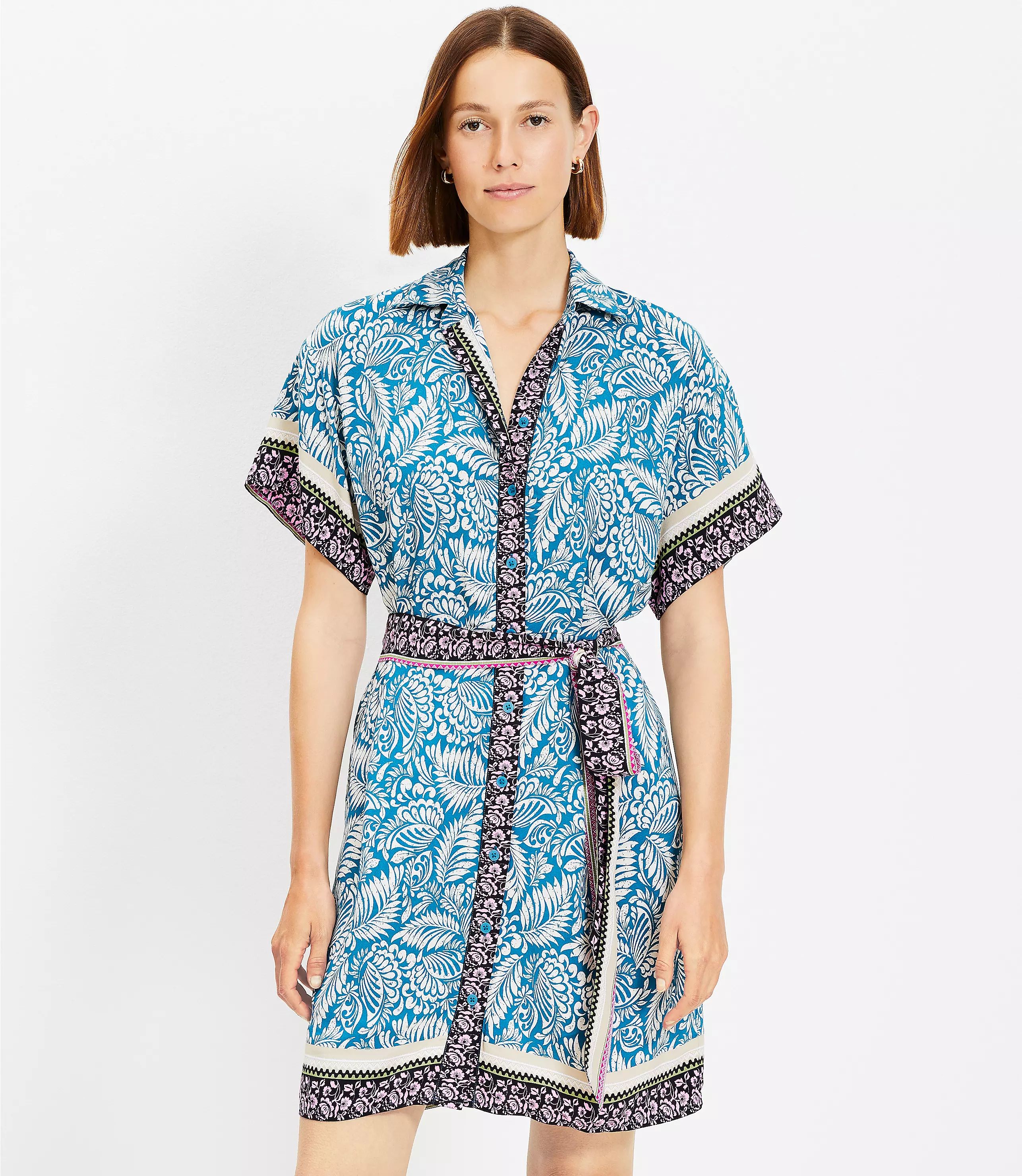 Palm Collared Tie Waist Mini Dress | LOFT