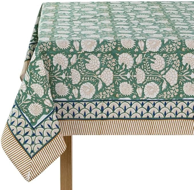 Ridhi -Turquoise Moss Green Cotton Tablecloth, Handblock Print Floral Table Cloth for Kitchen Din... | Amazon (US)