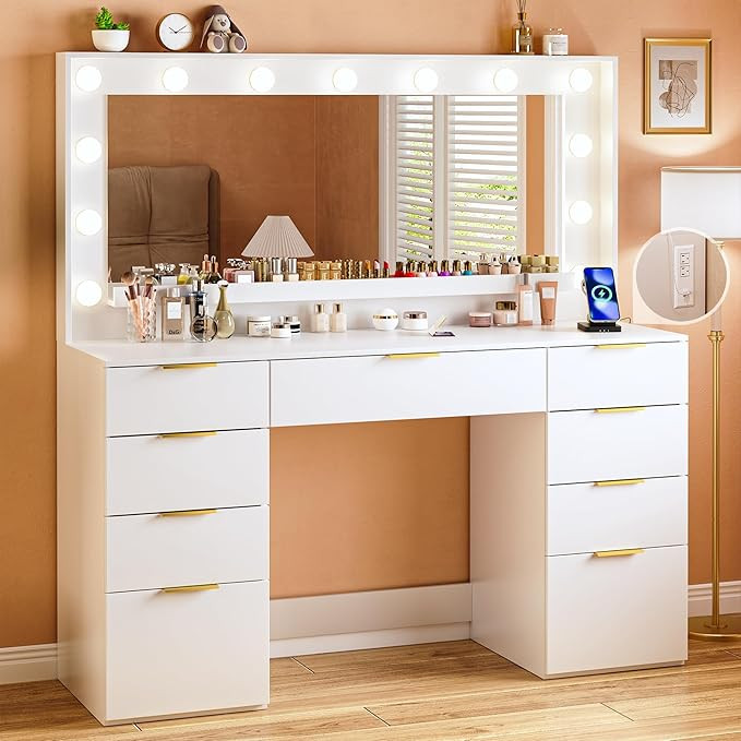 Vanity Desk with Large Mirror and Lights, 45.3in Makeup Vanity with Power Outlet 9 Drawers & Stor... | Amazon (US)