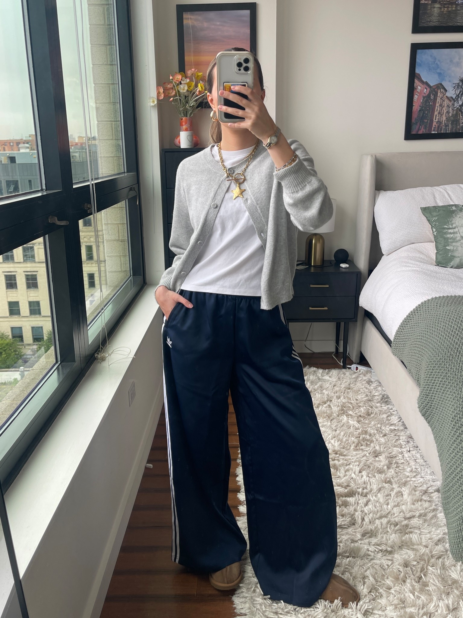 wfh fit! loving these wide leg track pants, sooo cozy

pants: 6
cardi: xs, but sold out of exact one. linked some similar ones 
tee: medium 

#LTKWorkwear #LTKSummerEdit #LTKStyleTip