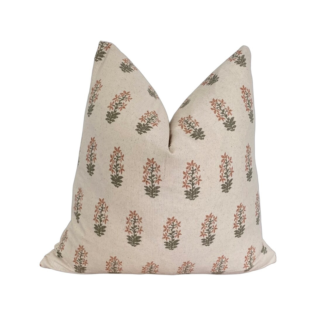 Cream Green and Rust Red Floral Print Throw Pillow Cover - Etsy | Etsy (US)