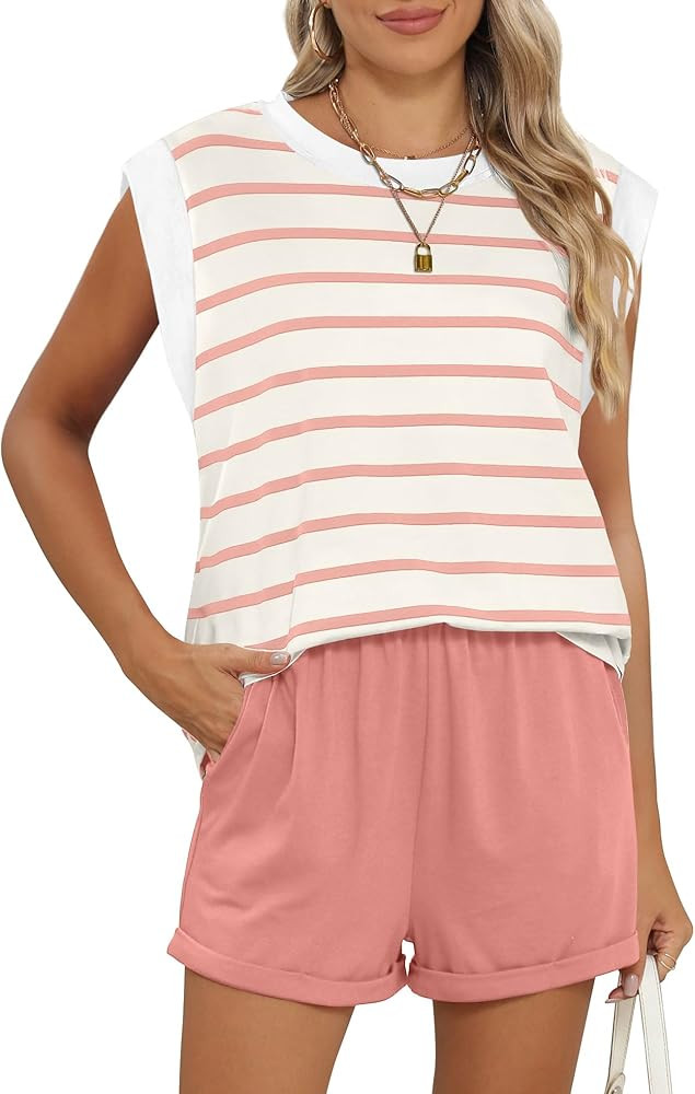 2 Piece Outfits for Women Lightweight Matching Lounge Sets Cap Sleeve Top and Elastic Waisted Sho... | Amazon (US)