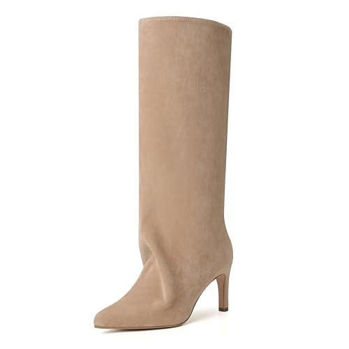 Reitoye Tan Suede Womens Boots Stiletto Heel Slouchly Knee High Boots 9.5 | Amazon (US)