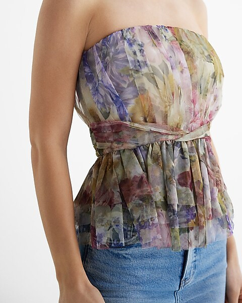Floral Strapless Tulle Tiered Peplum Tube Top | Express