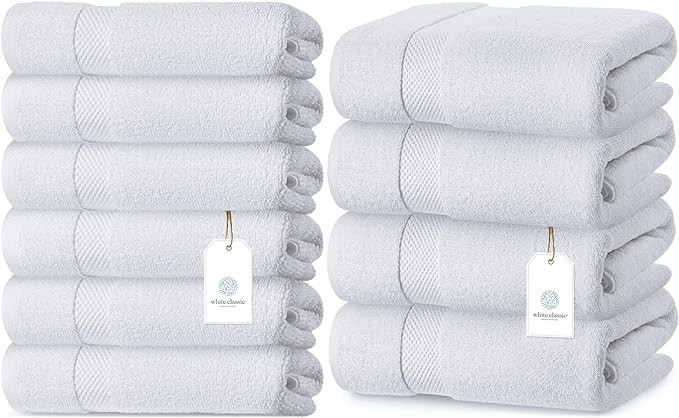 White Classic Luxury Cotton 4 Piece Bath Towel Set and 6 Piece Hand Towel Set Bundle | Amazon (US)