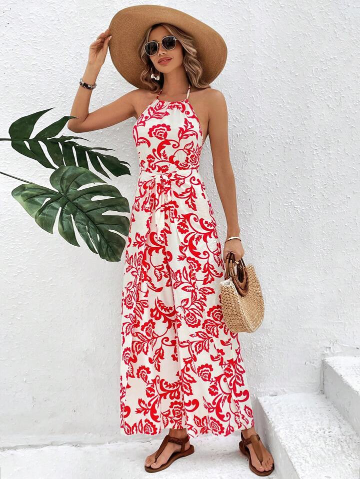 SHEIN LUNE Full Print Jumpsuit With Front Knot And Halter Neck | SHEIN