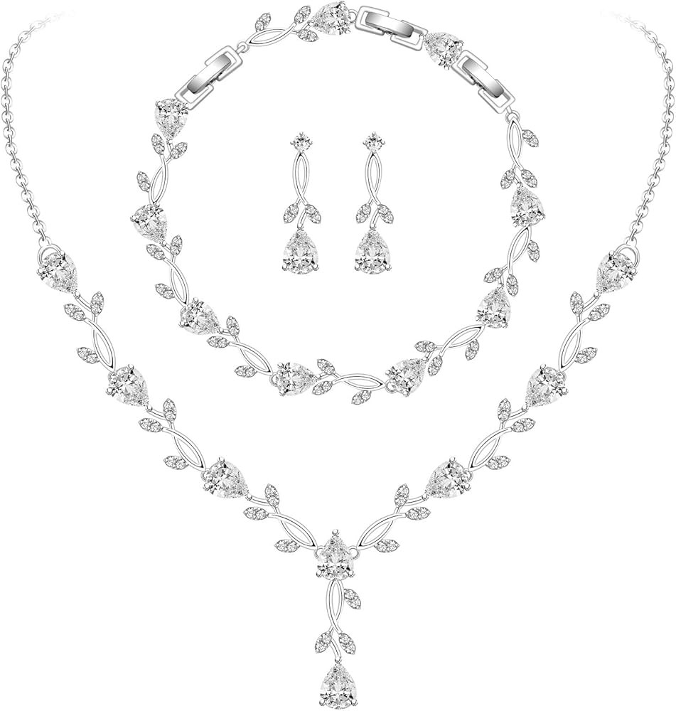 GZWHD Wedding Jewelry Sets for Bride Bridesmaid Women Cubic Zirconia Necklace Earrings Bracelet S... | Amazon (US)