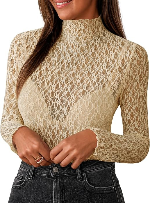 Simplee Womens Lace Undershirt Tops Fall Mesh Sheer Sexy Long Sleeve Top | Amazon (US)
