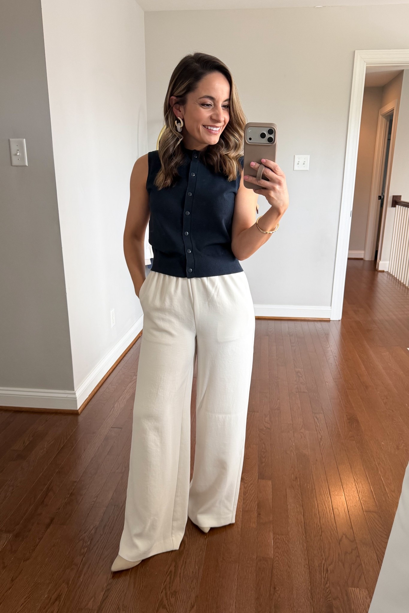 I found some surprising finds in the juniors section at Kohl’s. They feel and look like Aritzia but at a fraction of the cost! 

Vest: xs - great fit, love the length and arm openings are not large. 
Pants: xs short - great fit through the body but they have a 29” inseam which is long on me. I can make them work with heels (3”).  Not see through!