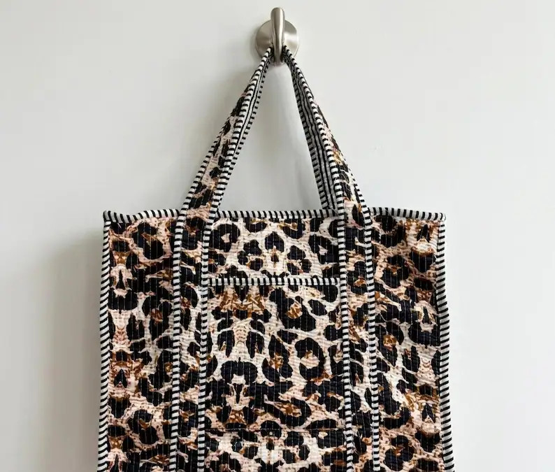 Black Leopard Print Cotton Tote Bag With Zipper - Handmade Designer Handbag, Quilted Bag | Etsy (Global)