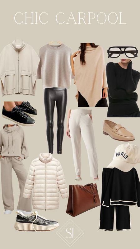 Chic carpool staples 

Zip up poncho
Sweater tee
Shawl
Killer sunglasses 
Nice long sleeve tee
Black sneakers
Spanx leather leggings
Versatile trousers
Nude loafer
Cute hat
B/W set
Tote
Feather puffer jacket
Stylish tennis shoes
Neutral set 