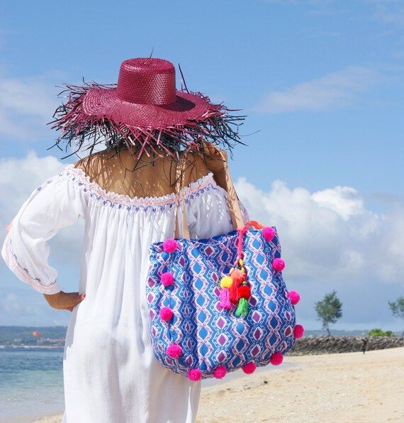 Pompom Beach bag/Tassels beach bag/Boho Pompom Bag/Trendy Pompom bag * ALICE POMPOM BAG | Etsy (US)